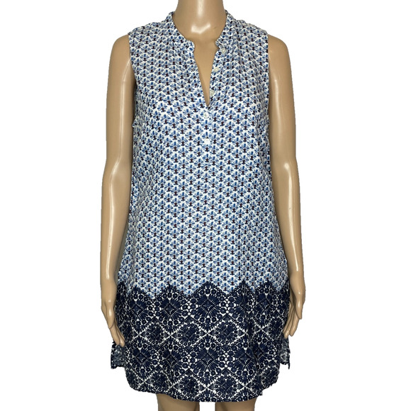 Women's Medium Tory Burch Navy Blue Floral 100% Linen Button Sleeveless Dress - Picture 1 of 6